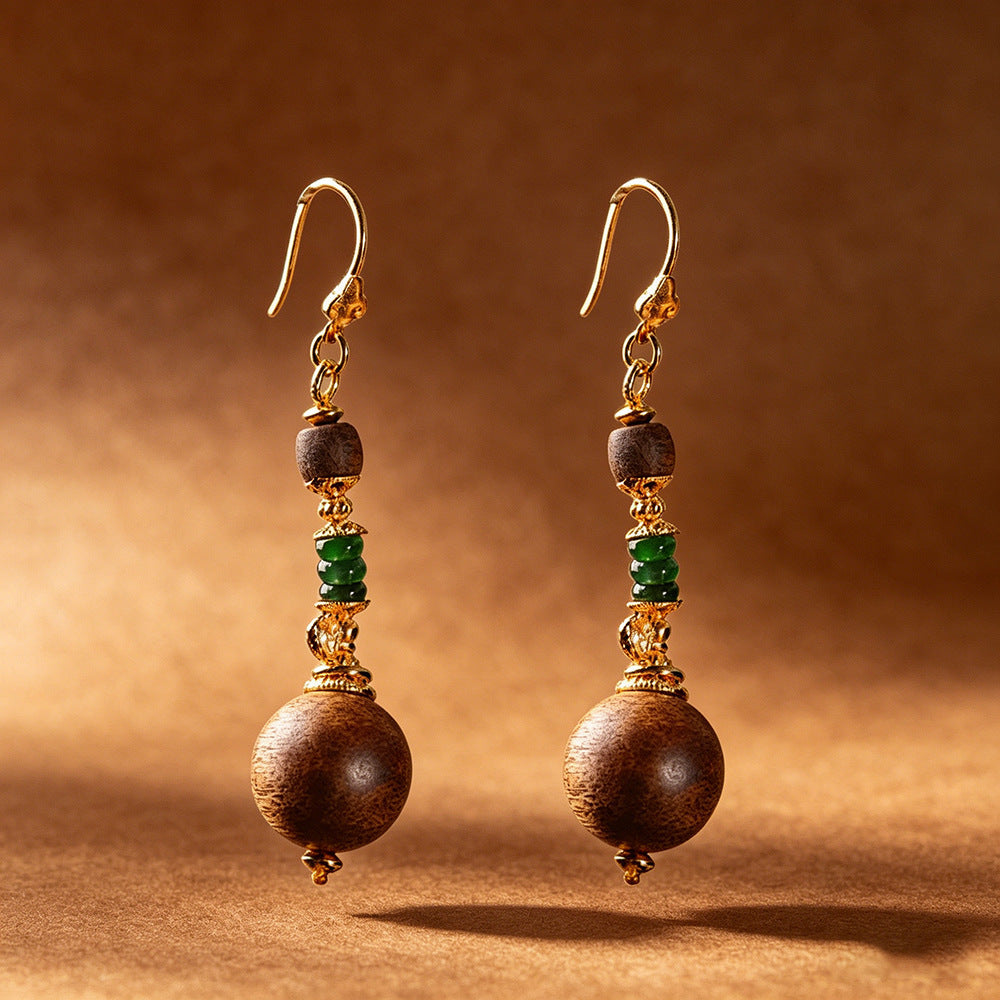 Handmade Agarwood & Jade Drop Earrings | 18K Gold Plated S925 Silver, Natural Wood Ethnic Jewelry