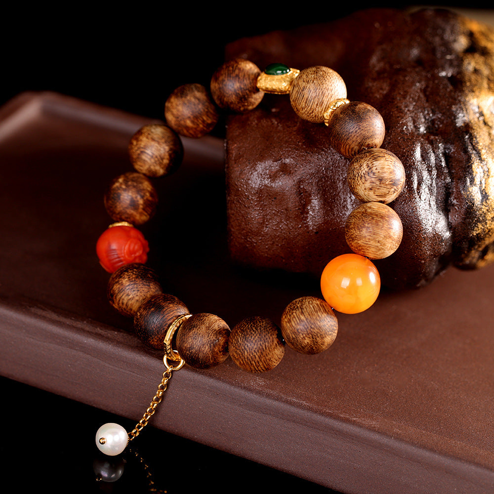 S925 Sterling Silver Plated Gold Qinan Agarwood Bracelet, Handmade Beeswax Amber Red Agate Charm Beaded Bracelet for Women, Collectible Natural Stone Jewelry