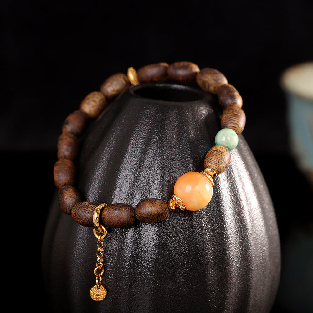 S925 Sterling Silver Plated Gold Vintage Style Agarwood & Beeswax Single-Strand Bracelet – Natural Stone Boho Jewelry for Women, Versatile Everyday Fashion Accessory