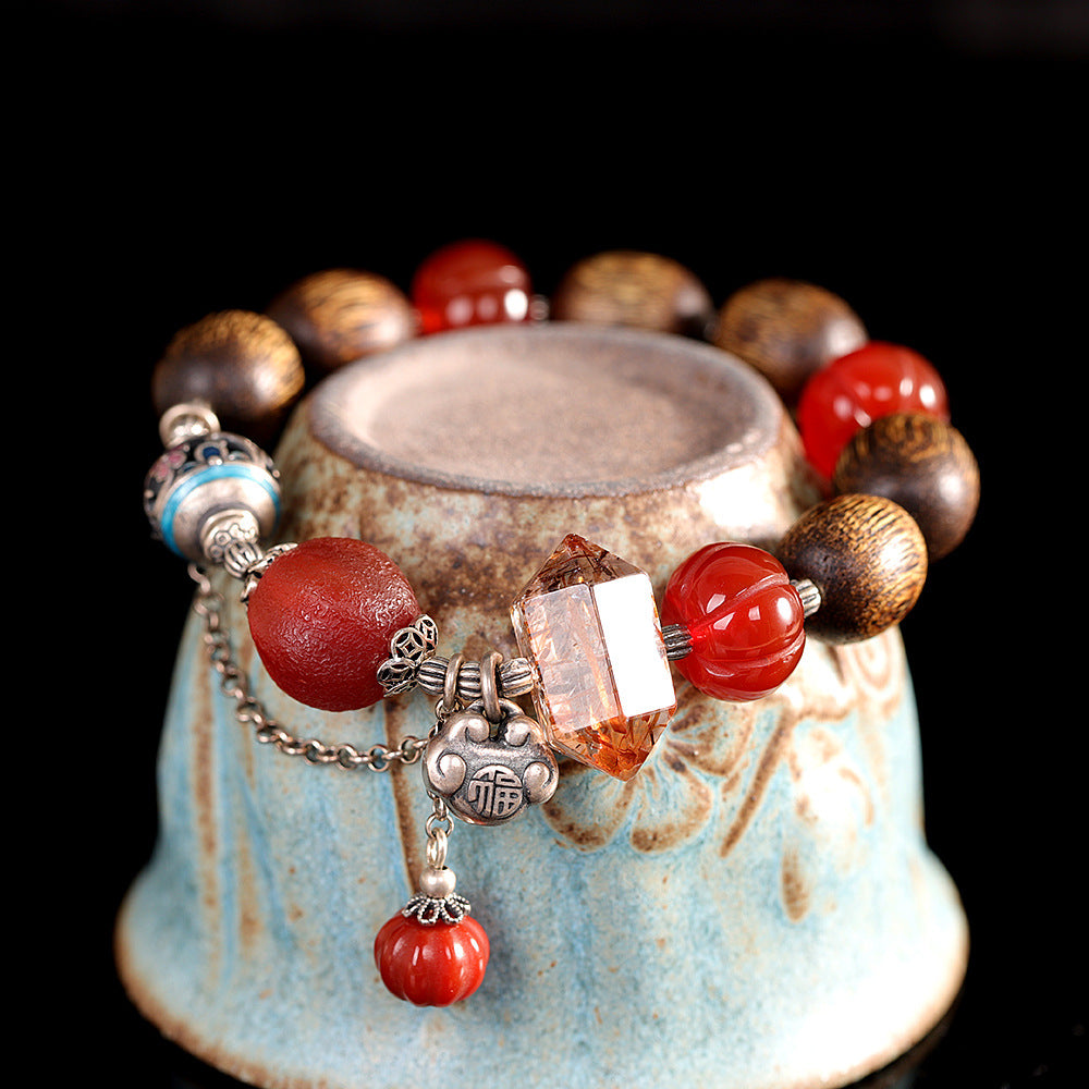 Vintage Fashion Fortune-Character Nanhong Agarwood Bracelet, Super Seven Agate, Ethnic Handmade DIY Beaded Bracelet