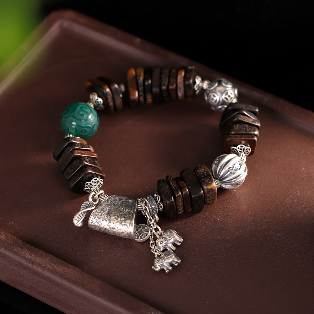 Vintage Fashion Green Agate Agarwood Bracelet, S925 Silver Elephant Accessories, Ethnic Geometric Hand Chain