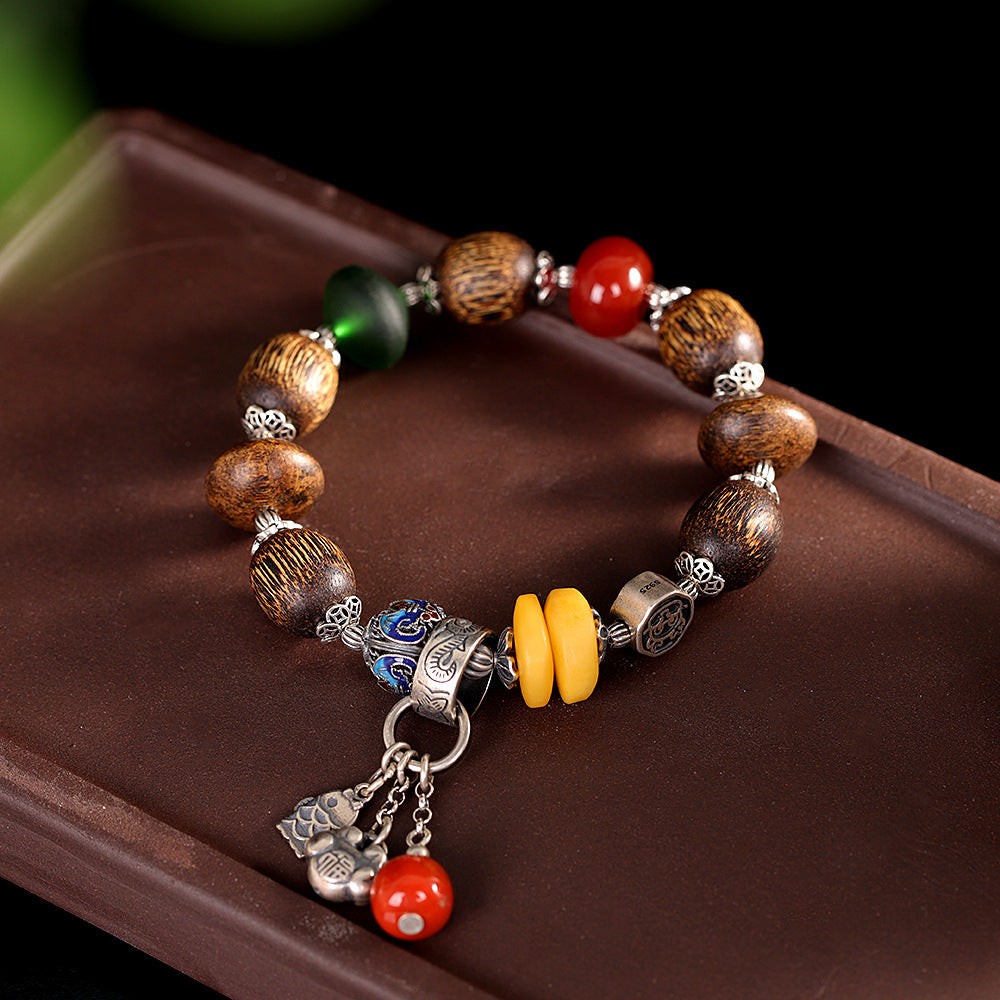 Vintage Fashion Fortune-Character Amber Glass Nanhong Agarwood Bracelet, Handmade DIY Beaded Bracelet