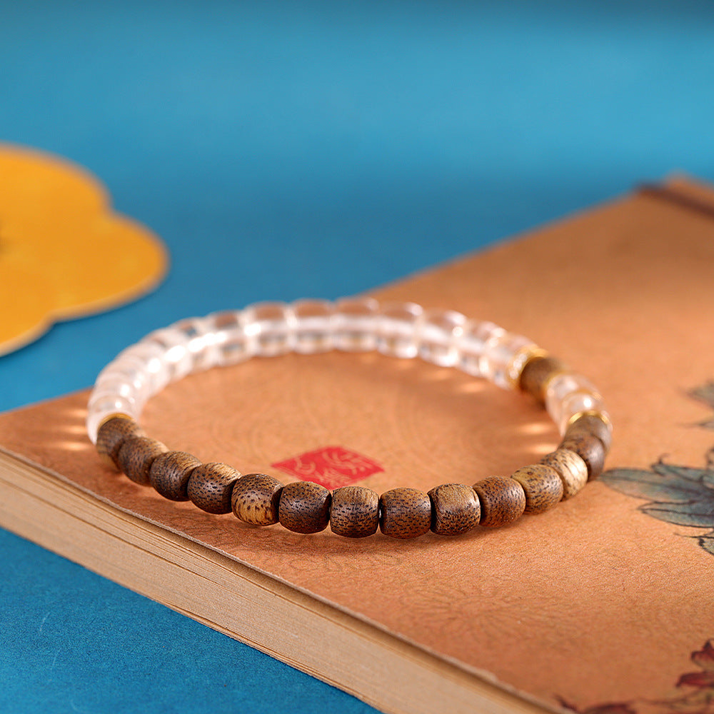 Vintage Literary Bracelet, S925 Sterling Silver Gold-Plated, Qi Nan Agarwood with White Crystal, Single-Round Wristband