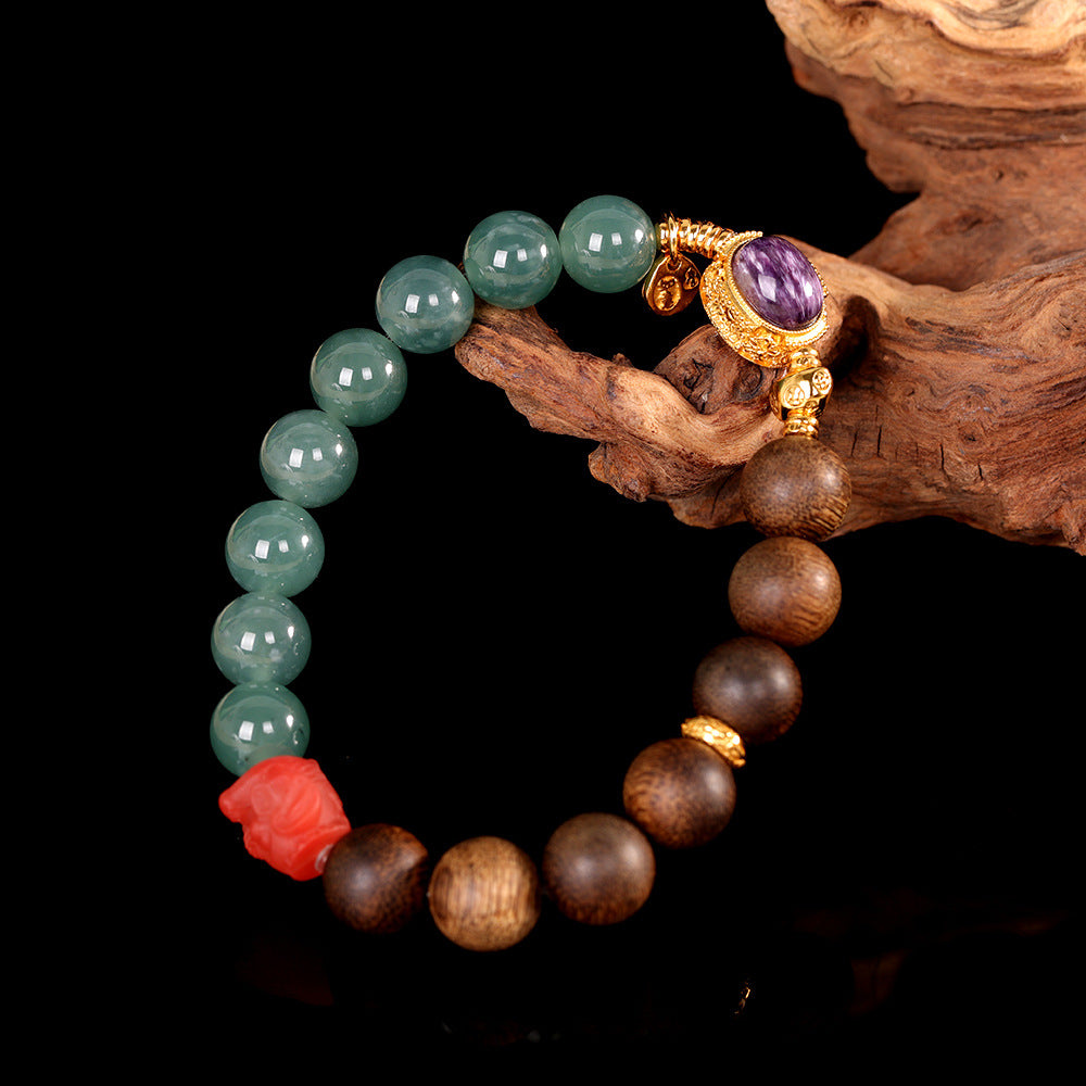 Half Mountain, Half Water" Cultural Relic Bracelet – S925 Silver Gold Plated with Natural Agarwood & Jadeite