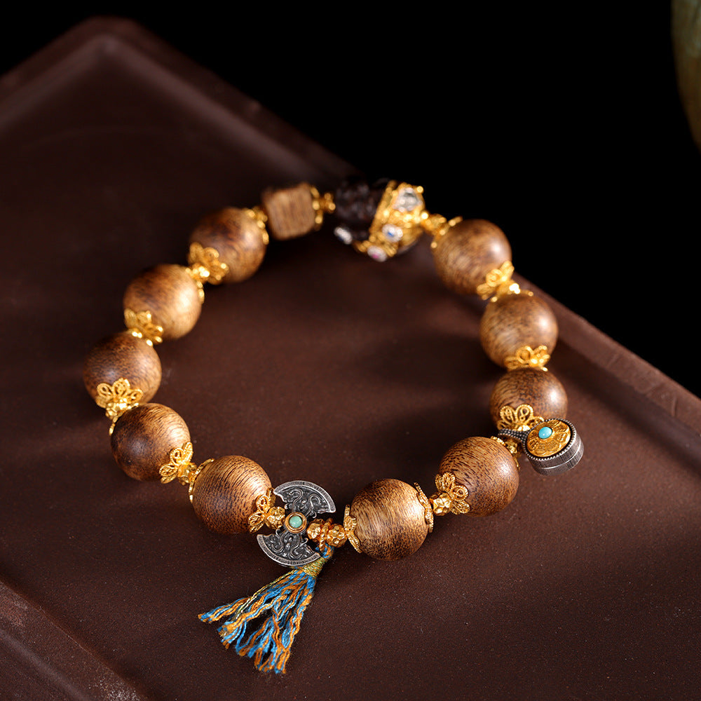 Factory Live Streaming Agarwood Round Bead Bracelet, Qi Nan Double Happiness Wealth Handmade Bracelet