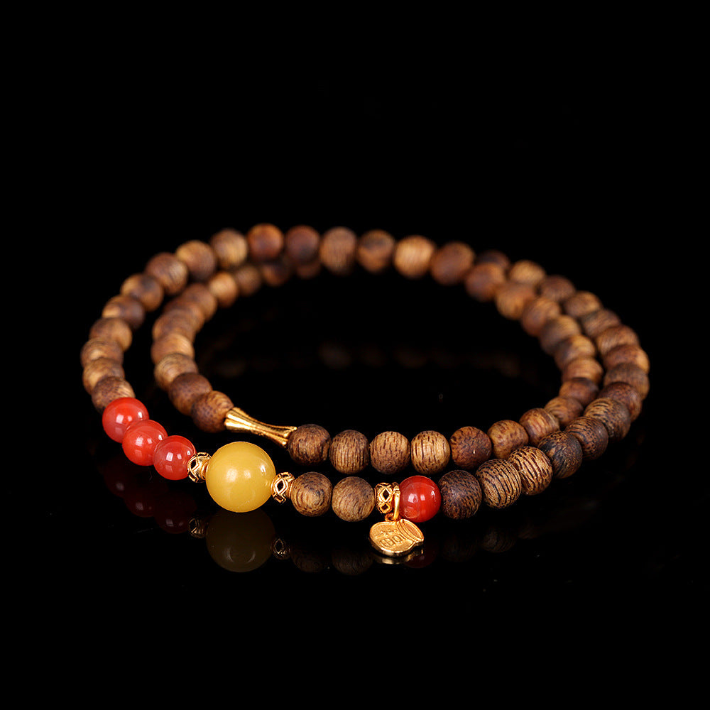 Artistic Retro Double-Ring Bangle, S925 Sterling Silver Plated Gold with Agarwood, Beeswax & Red Agate – Personalized Boho Bracelet for Women