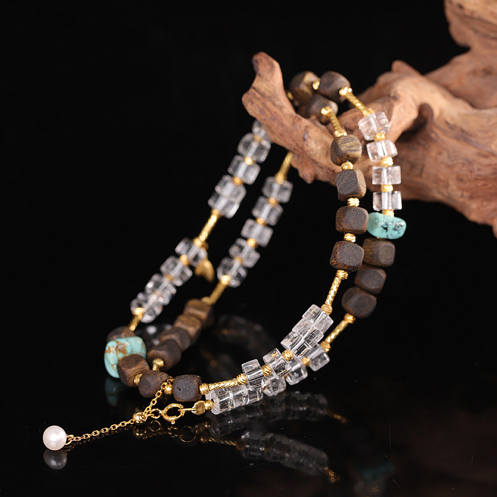 Light Luxury Artistic Necklace – Agarwood with White Crystal & Turquoise, S925 Sterling Silver Gold-Plated
