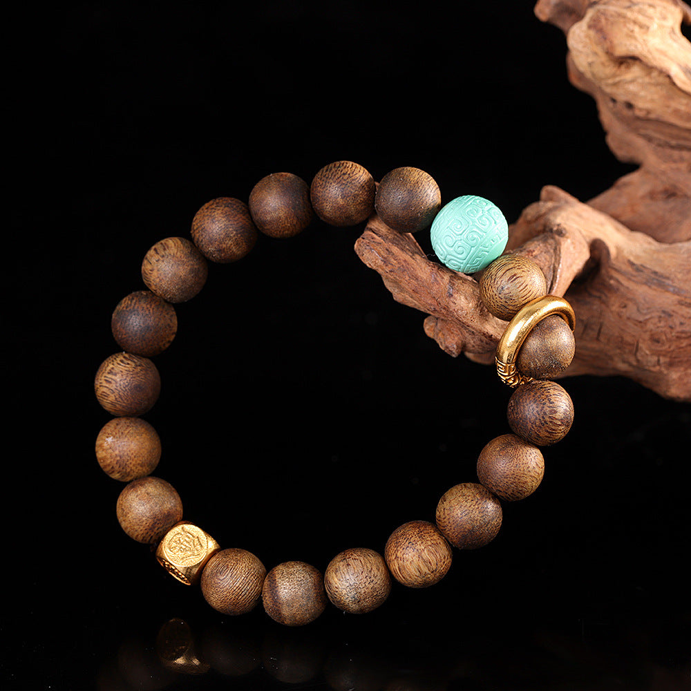 Stylish Handmade DIY Bracelet for Women – 90% Natural Agarwood & Turquoise Beads with S925 Sterling Silver Plated Gold Accents, Adjustable Boho Jewelry