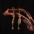Handmade S925 Gold-Plated Agarwood & Green Jade Long Drop Earrings - Chinese Style
