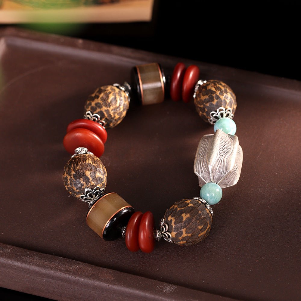 Vintage Fashion Amber Agate Sea Sediment Agarwood Duobao Bracelet, Ethnic Handmade DIY Beaded Bracelet