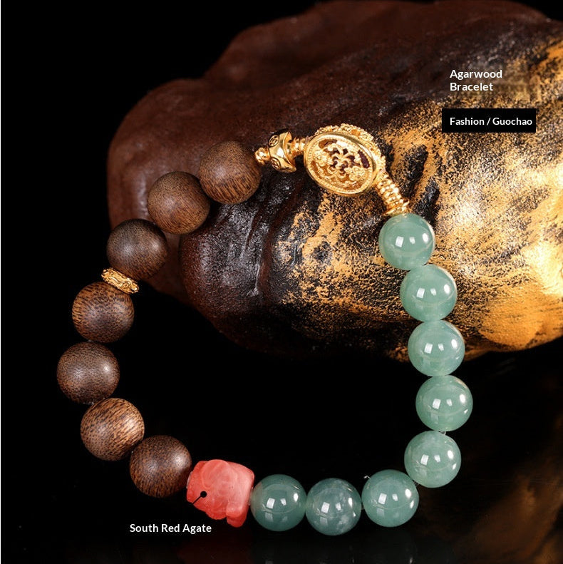 Half Mountain, Half Water" Cultural Relic Bracelet – S925 Silver Gold Plated with Natural Agarwood & Jadeite