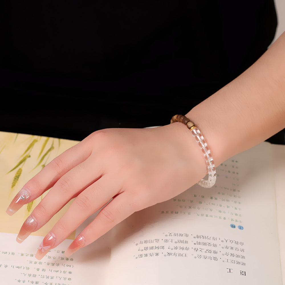 Vintage Literary Bracelet, S925 Sterling Silver Gold-Plated, Qi Nan Agarwood with White Crystal, Single-Round Wristband