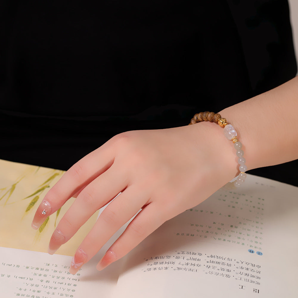 S925 Sterling Silver Gold-Plated Hardware Paired with Agarwood & Hetian Jade Bracelet – Versatile Niche New Chinese Style Handmade Jewelry for Women