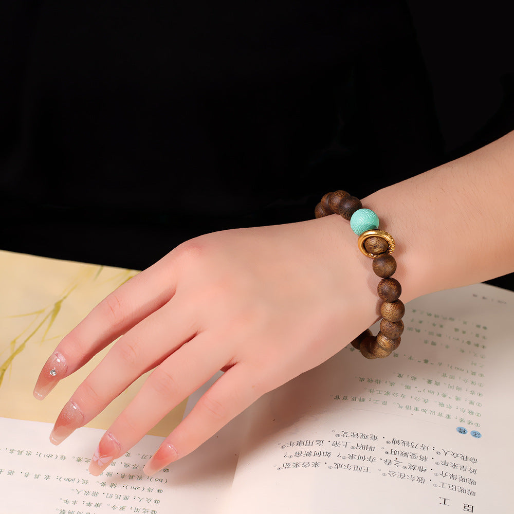 Stylish Handmade DIY Bracelet for Women – 90% Natural Agarwood & Turquoise Beads with S925 Sterling Silver Plated Gold Accents, Adjustable Boho Jewelry