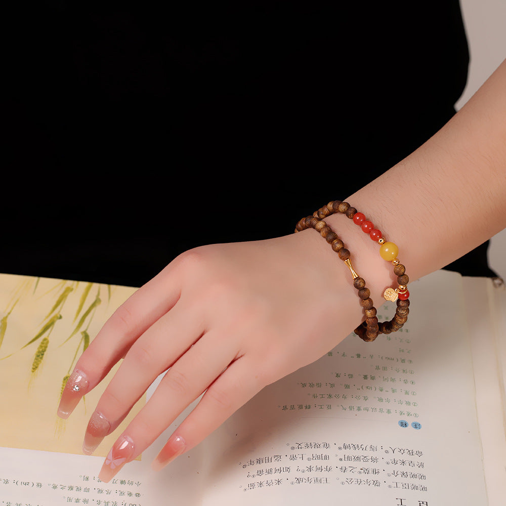 Artistic Retro Double-Ring Bangle, S925 Sterling Silver Plated Gold with Agarwood, Beeswax & Red Agate – Personalized Boho Bracelet for Women