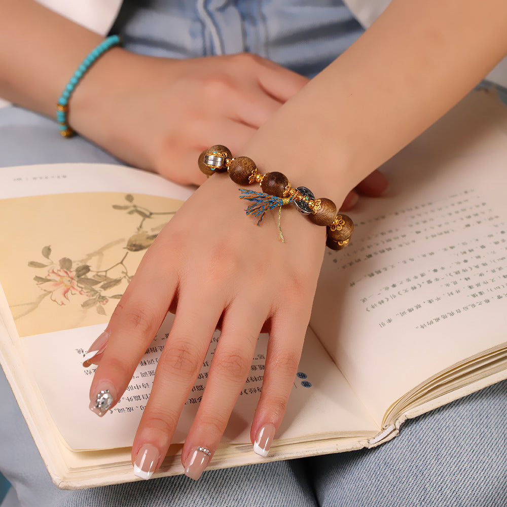 Factory Live Streaming Agarwood Round Bead Bracelet, Qi Nan Double Happiness Wealth Handmade Bracelet