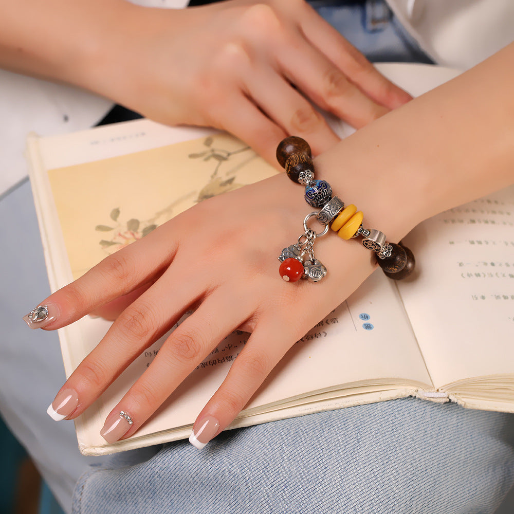 Vintage Fashion Fortune-Character Amber Glass Nanhong Agarwood Bracelet, Handmade DIY Beaded Bracelet