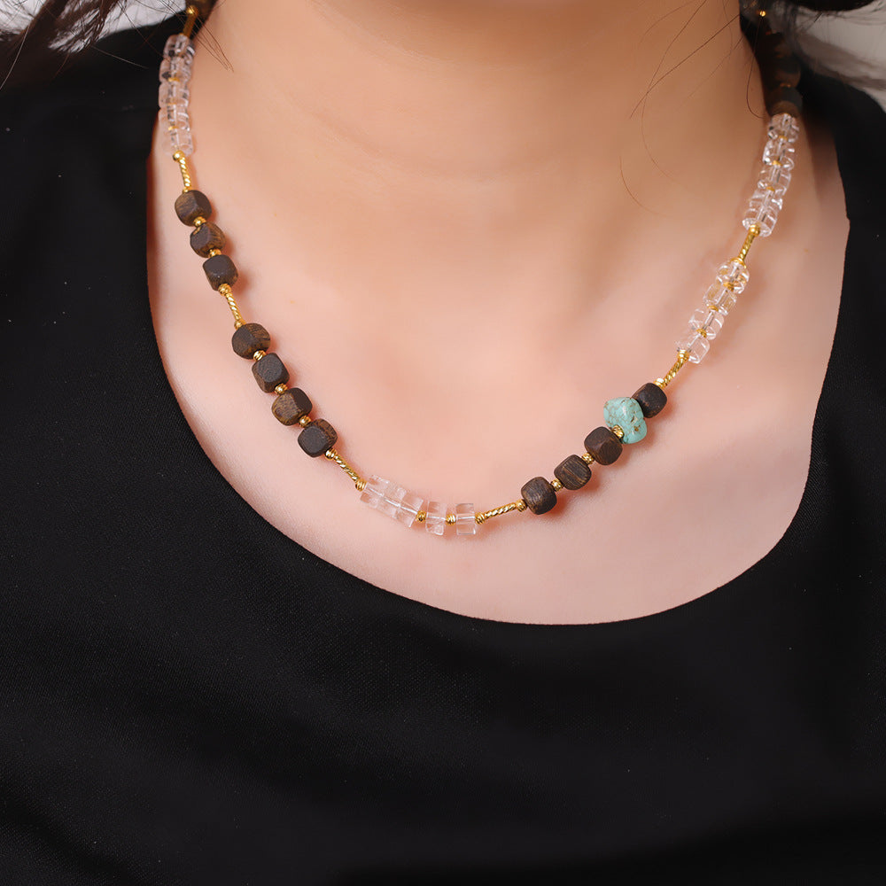 Light Luxury Artistic Necklace – Agarwood with White Crystal & Turquoise, S925 Sterling Silver Gold-Plated