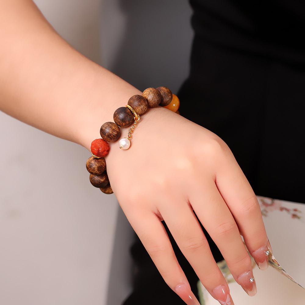 S925 Sterling Silver Plated Gold Qinan Agarwood Bracelet, Handmade Beeswax Amber Red Agate Charm Beaded Bracelet for Women, Collectible Natural Stone Jewelry