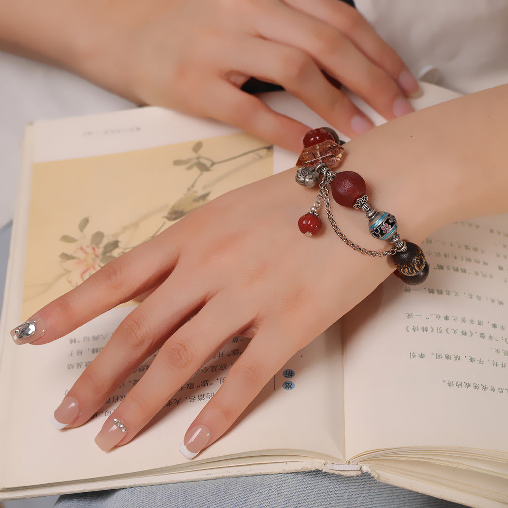 Vintage Fashion Fortune-Character Nanhong Agarwood Bracelet, Super Seven Agate, Ethnic Handmade DIY Beaded Bracelet