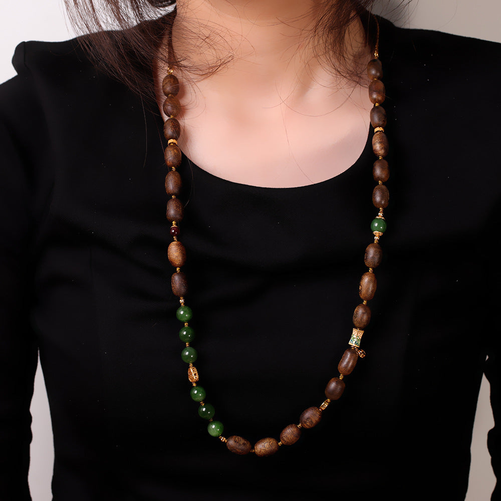 S925 Sterling Silver Gold-Plated Accessories | Agarwood Necklace with Jade and Amber – Vintage Artistic Versatile Jewelry