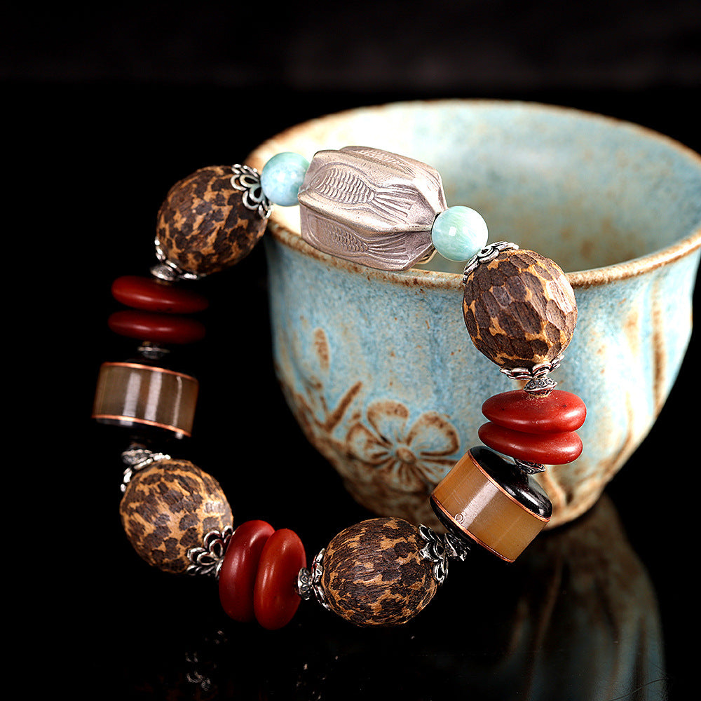 Vintage Fashion Amber Agate Sea Sediment Agarwood Duobao Bracelet, Ethnic Handmade DIY Beaded Bracelet