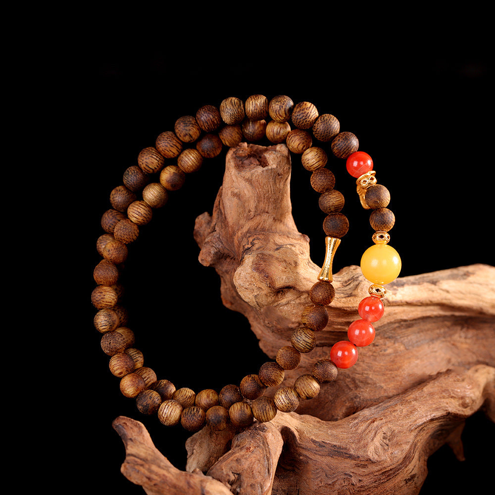 Artistic Retro Double-Ring Bangle, S925 Sterling Silver Plated Gold with Agarwood, Beeswax & Red Agate – Personalized Boho Bracelet for Women