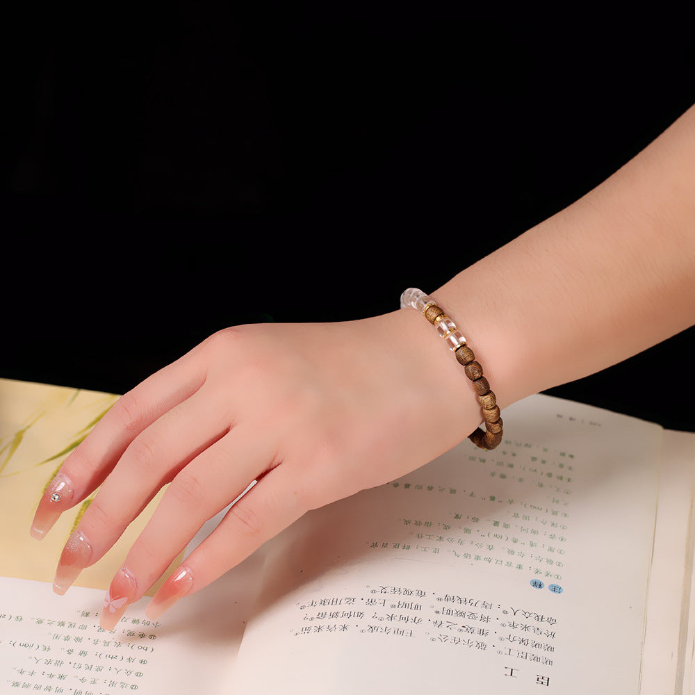 Vintage Literary Bracelet, S925 Sterling Silver Gold-Plated, Qi Nan Agarwood with White Crystal, Single-Round Wristband