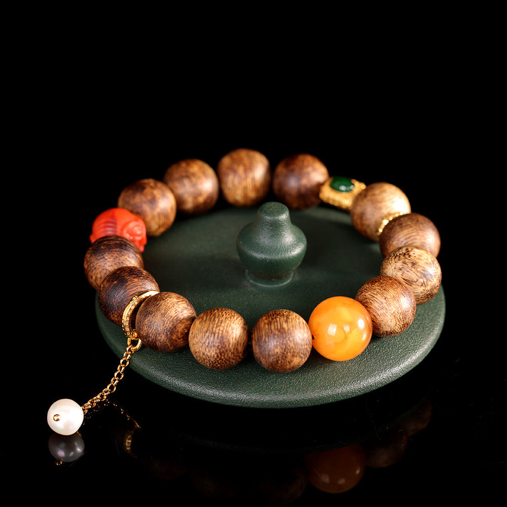 S925 Sterling Silver Plated Gold Qinan Agarwood Bracelet, Handmade Beeswax Amber Red Agate Charm Beaded Bracelet for Women, Collectible Natural Stone Jewelry