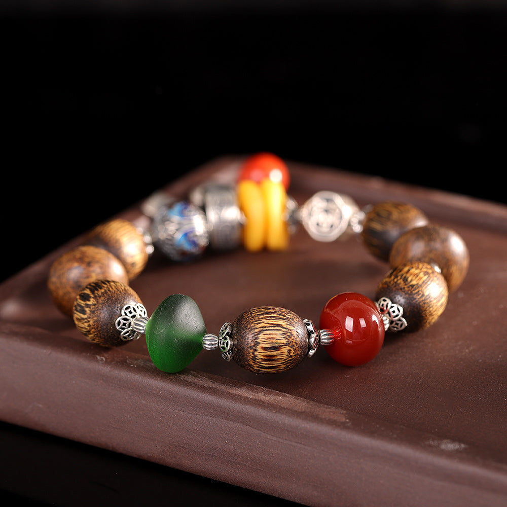 Vintage Fashion Fortune-Character Amber Glass Nanhong Agarwood Bracelet, Handmade DIY Beaded Bracelet
