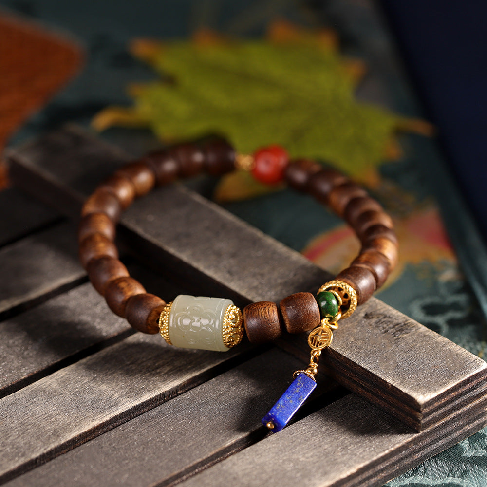 Fashionable Chinese-Style S925 Sterling Silver Handmade DIY Agarwood Bracelet with Antique Wood Beads – Vintage Women's Jewelry