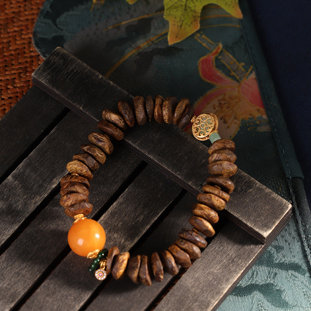 Handmade DIY Vietnamese Nha Trang Agarwood Amber Jade 925 Sterling Silver Beaded Bracelet