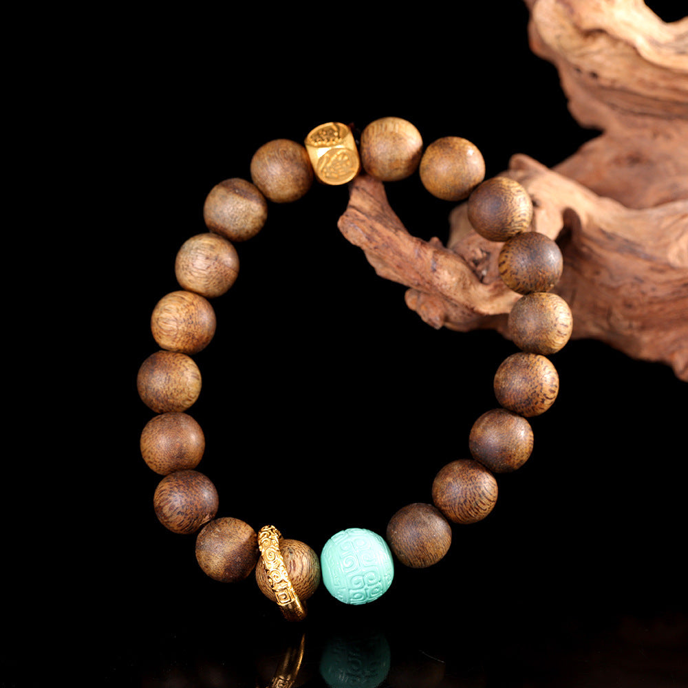 Stylish Handmade DIY Bracelet for Women – 90% Natural Agarwood & Turquoise Beads with S925 Sterling Silver Plated Gold Accents, Adjustable Boho Jewelry