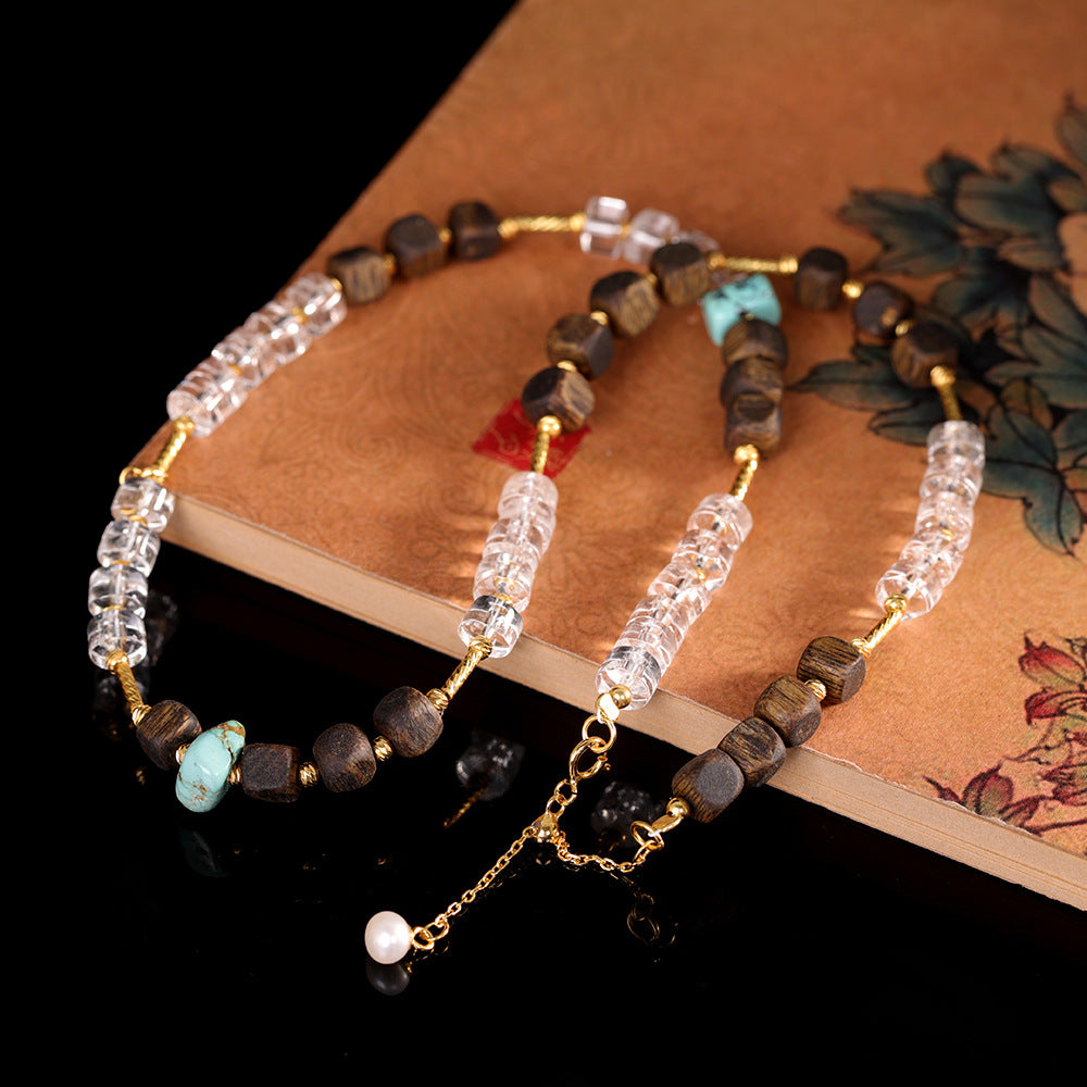 Light Luxury Artistic Necklace – Agarwood with White Crystal & Turquoise, S925 Sterling Silver Gold-Plated