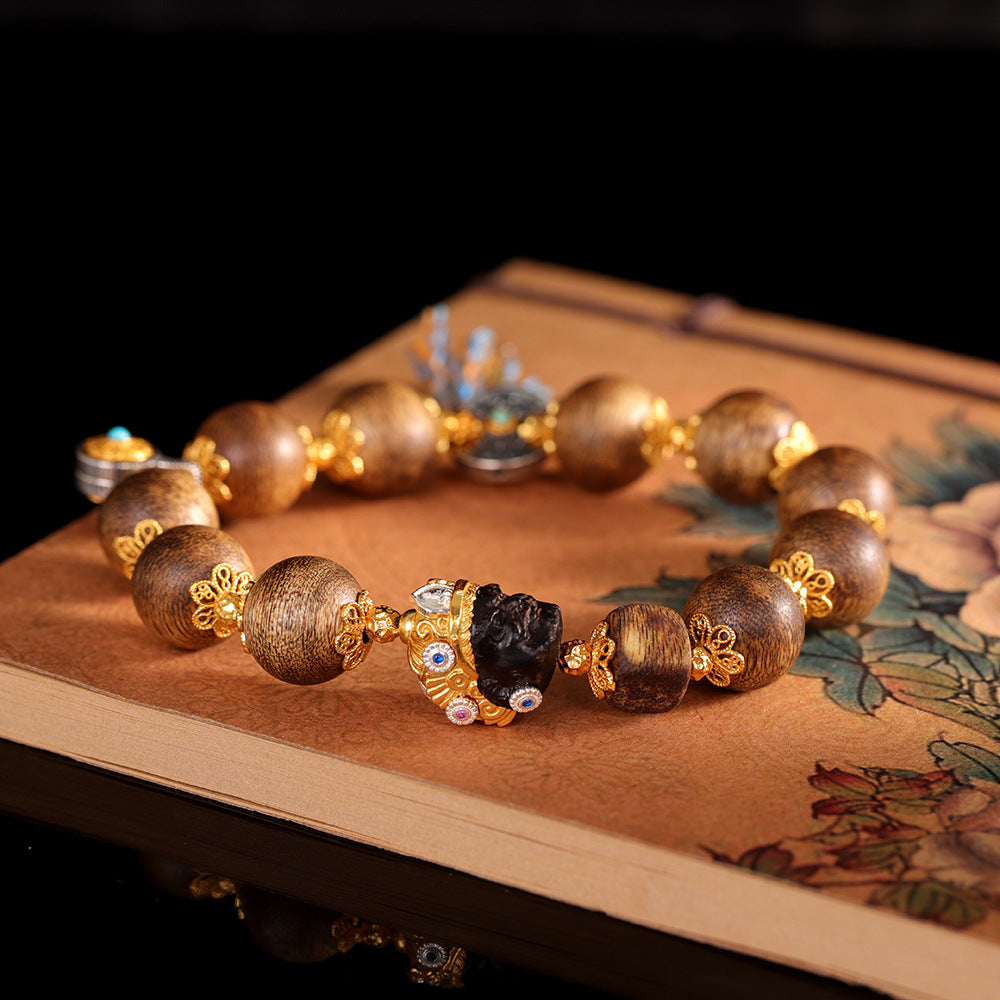 Factory Live Streaming Agarwood Round Bead Bracelet, Qi Nan Double Happiness Wealth Handmade Bracelet