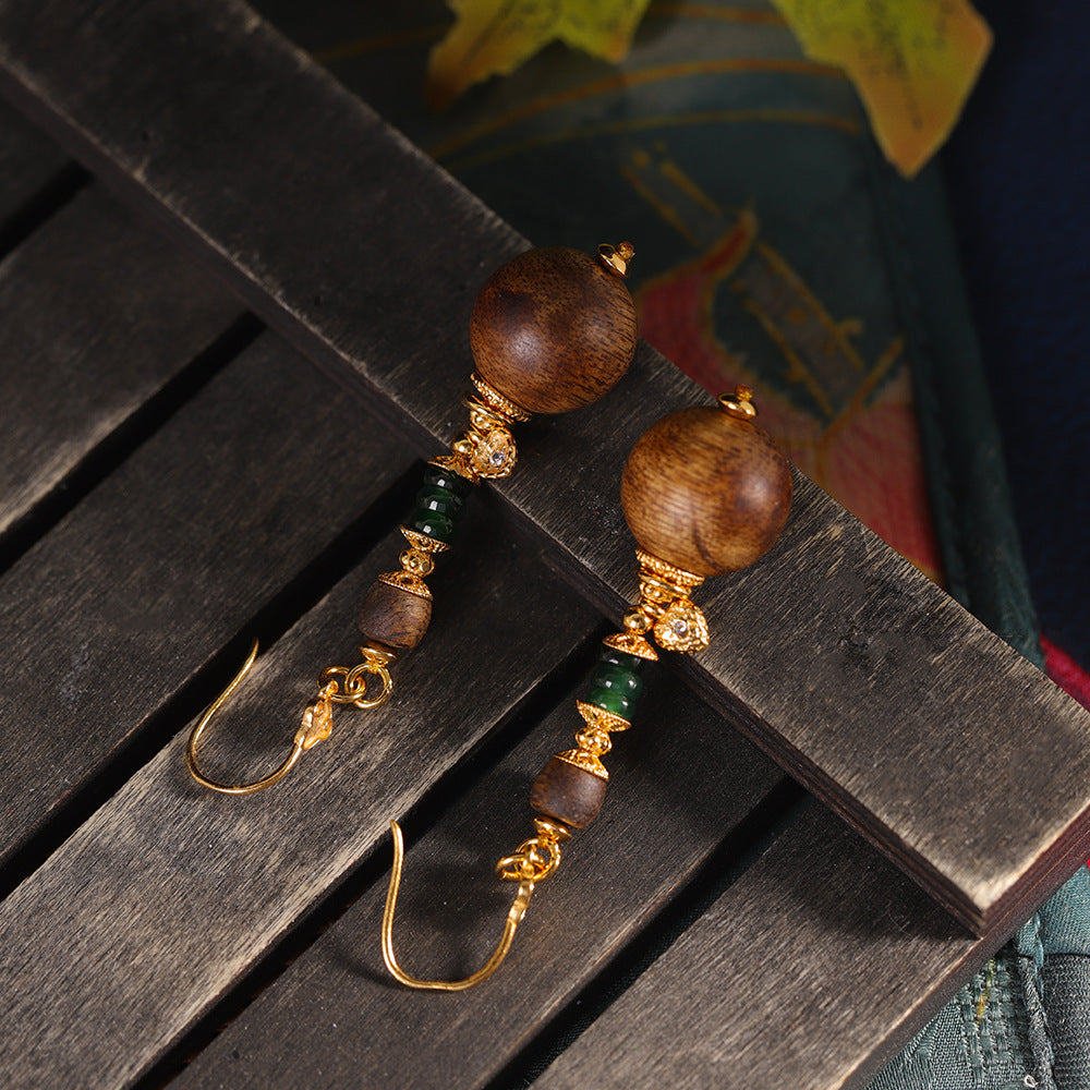 Handmade Agarwood & Jade Drop Earrings | 18K Gold Plated S925 Silver, Natural Wood Ethnic Jewelry