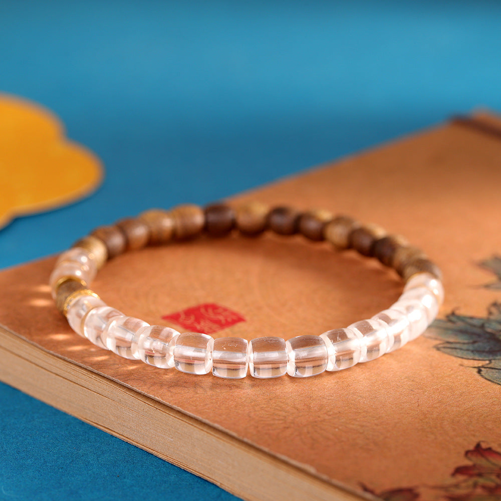 Vintage Literary Bracelet, S925 Sterling Silver Gold-Plated, Qi Nan Agarwood with White Crystal, Single-Round Wristband