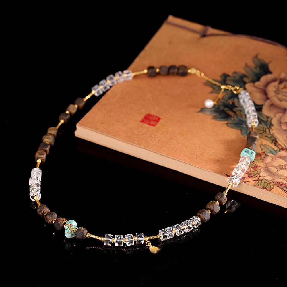 Light Luxury Artistic Necklace – Agarwood with White Crystal & Turquoise, S925 Sterling Silver Gold-Plated