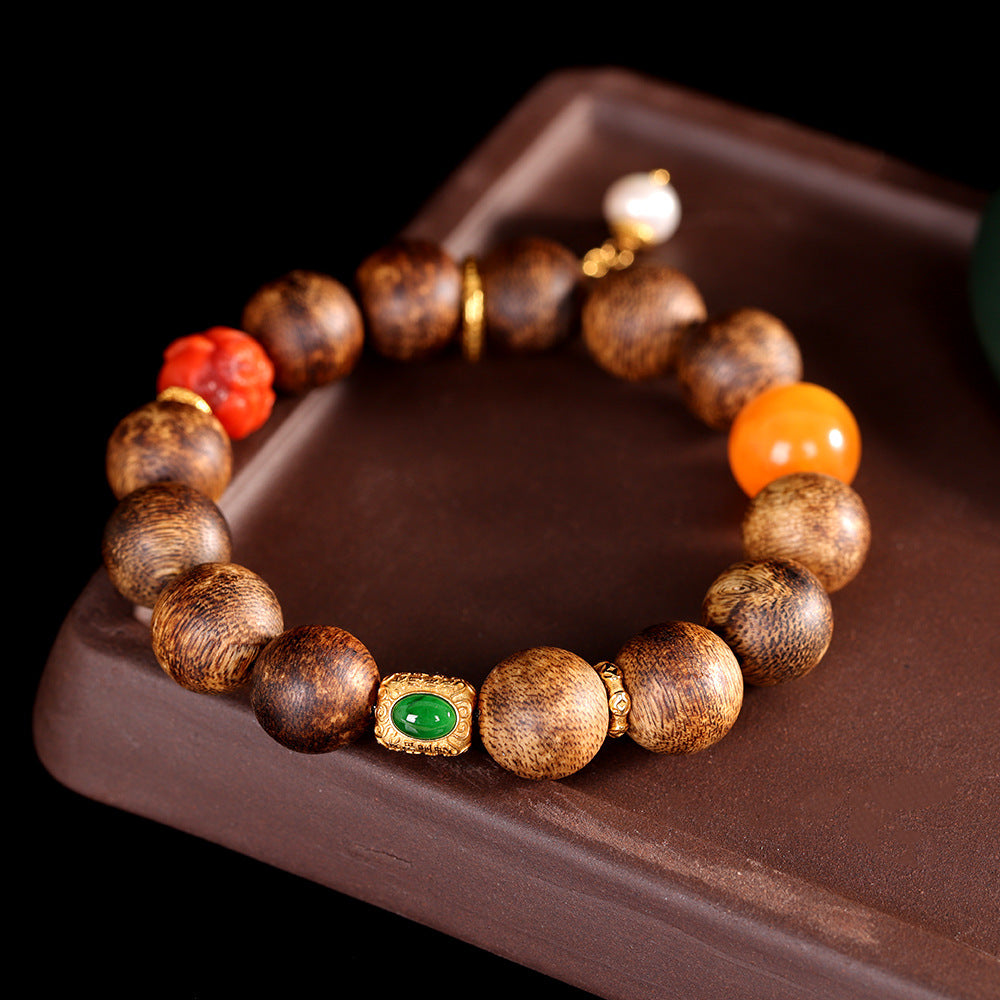 S925 Sterling Silver Plated Gold Qinan Agarwood Bracelet, Handmade Beeswax Amber Red Agate Charm Beaded Bracelet for Women, Collectible Natural Stone Jewelry