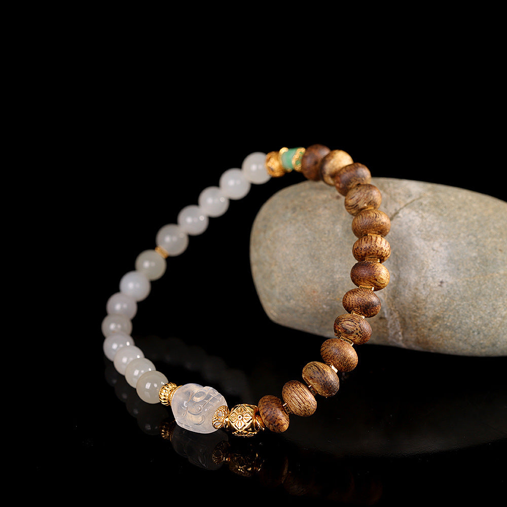 S925 Sterling Silver Gold-Plated Hardware Paired with Agarwood & Hetian Jade Bracelet – Versatile Niche New Chinese Style Handmade Jewelry for Women