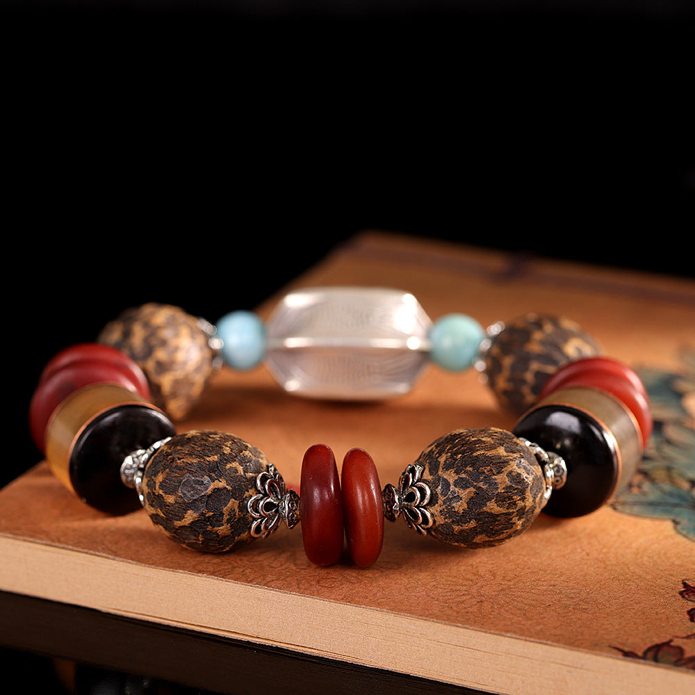 Vintage Fashion Amber Agate Sea Sediment Agarwood Duobao Bracelet, Ethnic Handmade DIY Beaded Bracelet