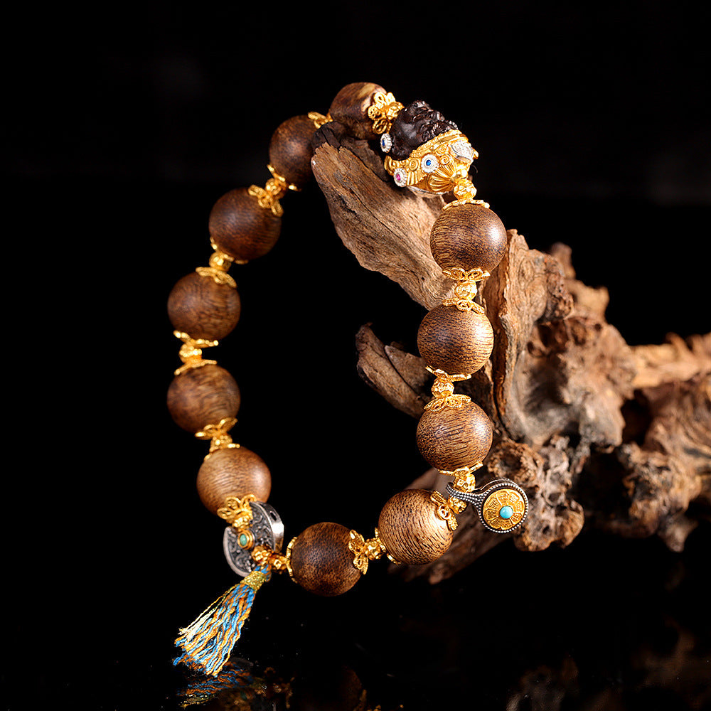 Factory Live Streaming Agarwood Round Bead Bracelet, Qi Nan Double Happiness Wealth Handmade Bracelet