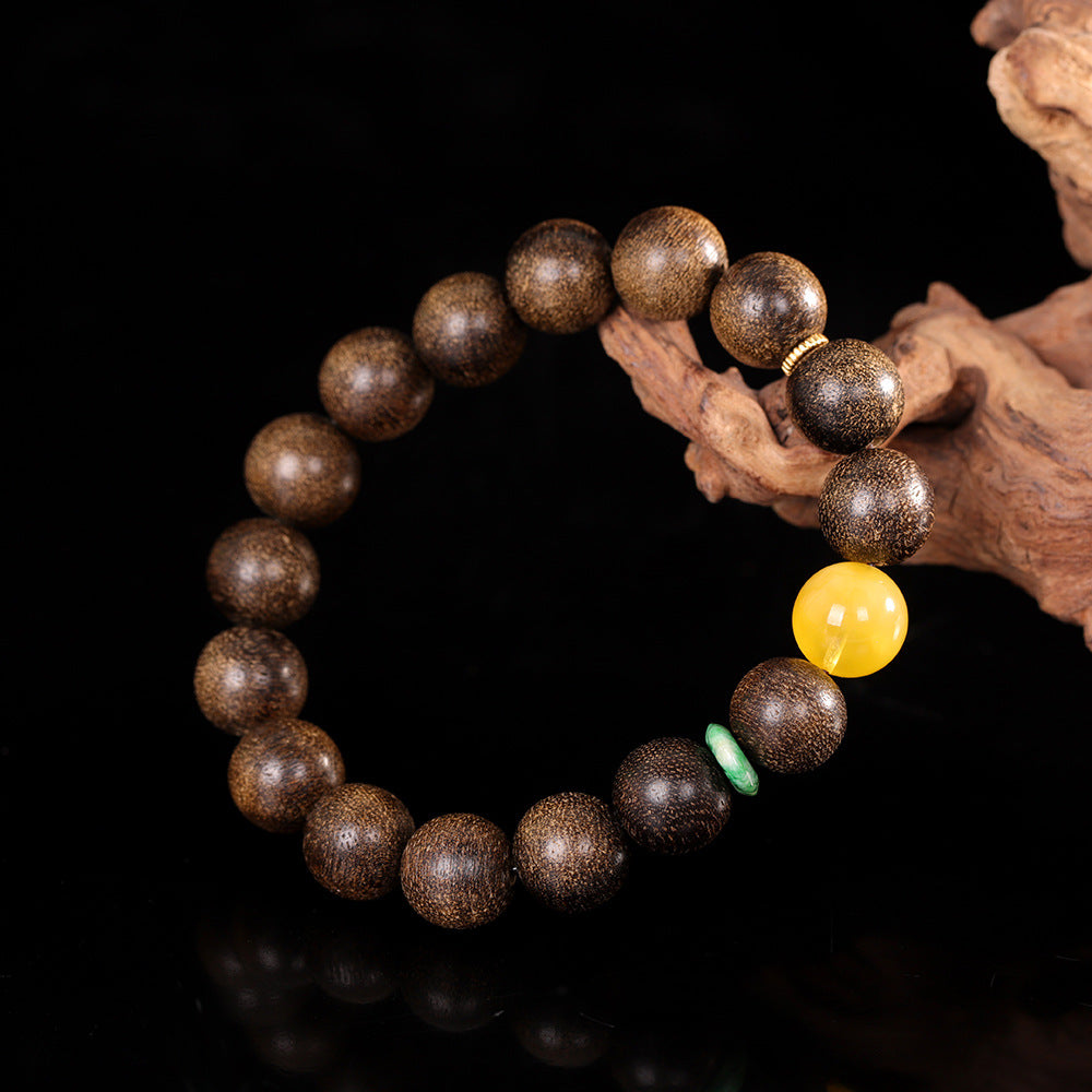 Handmade Vintage Amber Bracelet with Agarwood and Single Round Bead