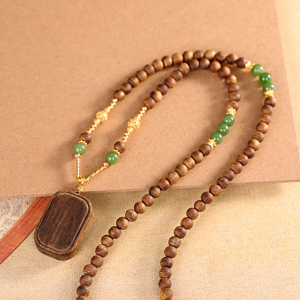 Natural Jadeite Agarwood Peace Talisman Vintage Sweater Chain – S925 Sterling Silver Necklace