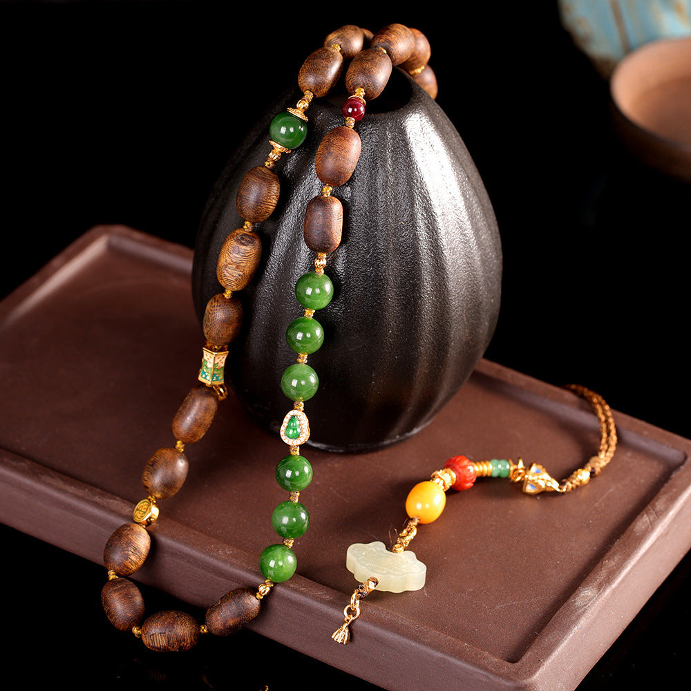 S925 Sterling Silver Gold-Plated Accessories | Agarwood Necklace with Jade and Amber – Vintage Artistic Versatile Jewelry