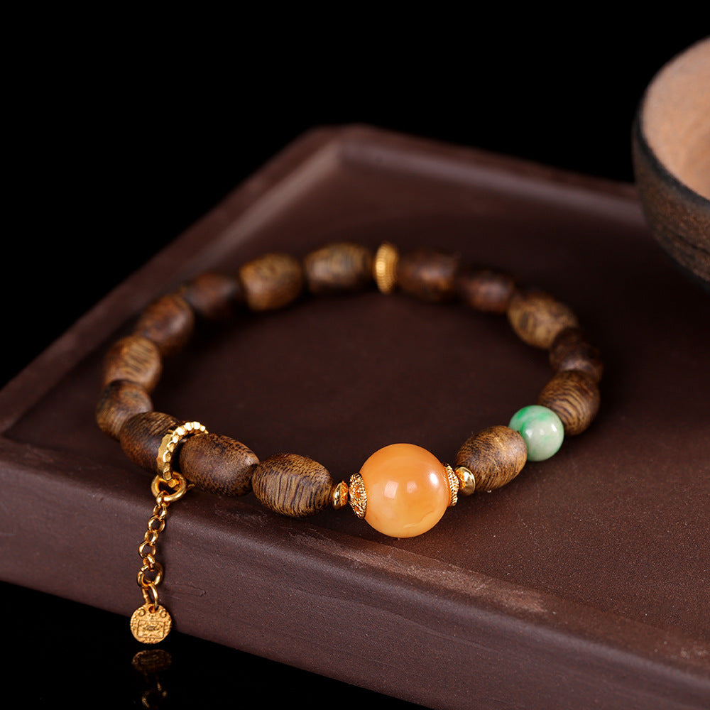 S925 Sterling Silver Plated Gold Vintage Style Agarwood & Beeswax Single-Strand Bracelet – Natural Stone Boho Jewelry for Women, Versatile Everyday Fashion Accessory