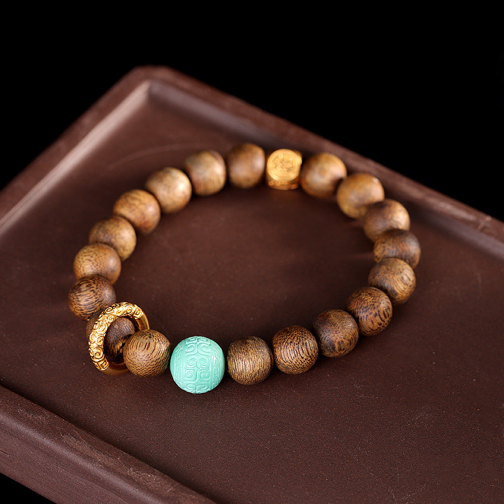 Stylish Handmade DIY Bracelet for Women – 90% Natural Agarwood & Turquoise Beads with S925 Sterling Silver Plated Gold Accents, Adjustable Boho Jewelry