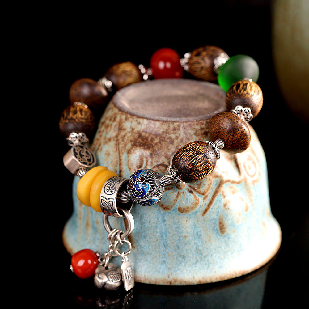 Vintage Fashion Fortune-Character Amber Glass Nanhong Agarwood Bracelet, Handmade DIY Beaded Bracelet