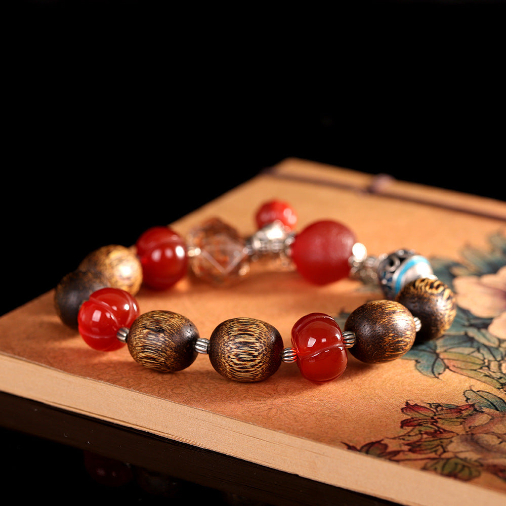 Vintage Fashion Fortune-Character Nanhong Agarwood Bracelet, Super Seven Agate, Ethnic Handmade DIY Beaded Bracelet
