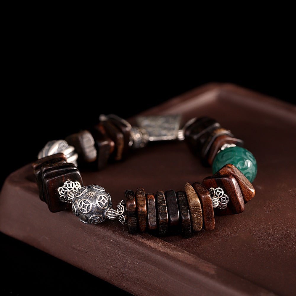 Vintage Fashion Green Agate Agarwood Bracelet, S925 Silver Elephant Accessories, Ethnic Geometric Hand Chain